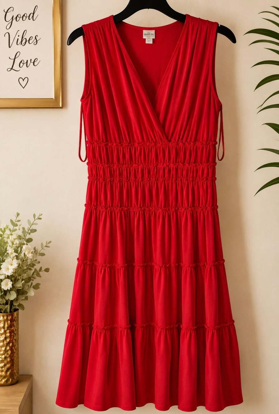 Sangria Red V-Neck Sleeveless Smocked Waist Tiered Midi Dress Size XL